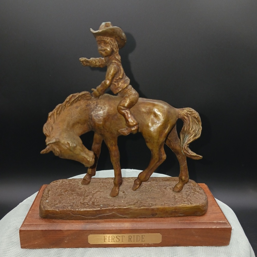 VTG Bronze Western Sculpture Child on horse "First Ride" by Rich Myer Americana